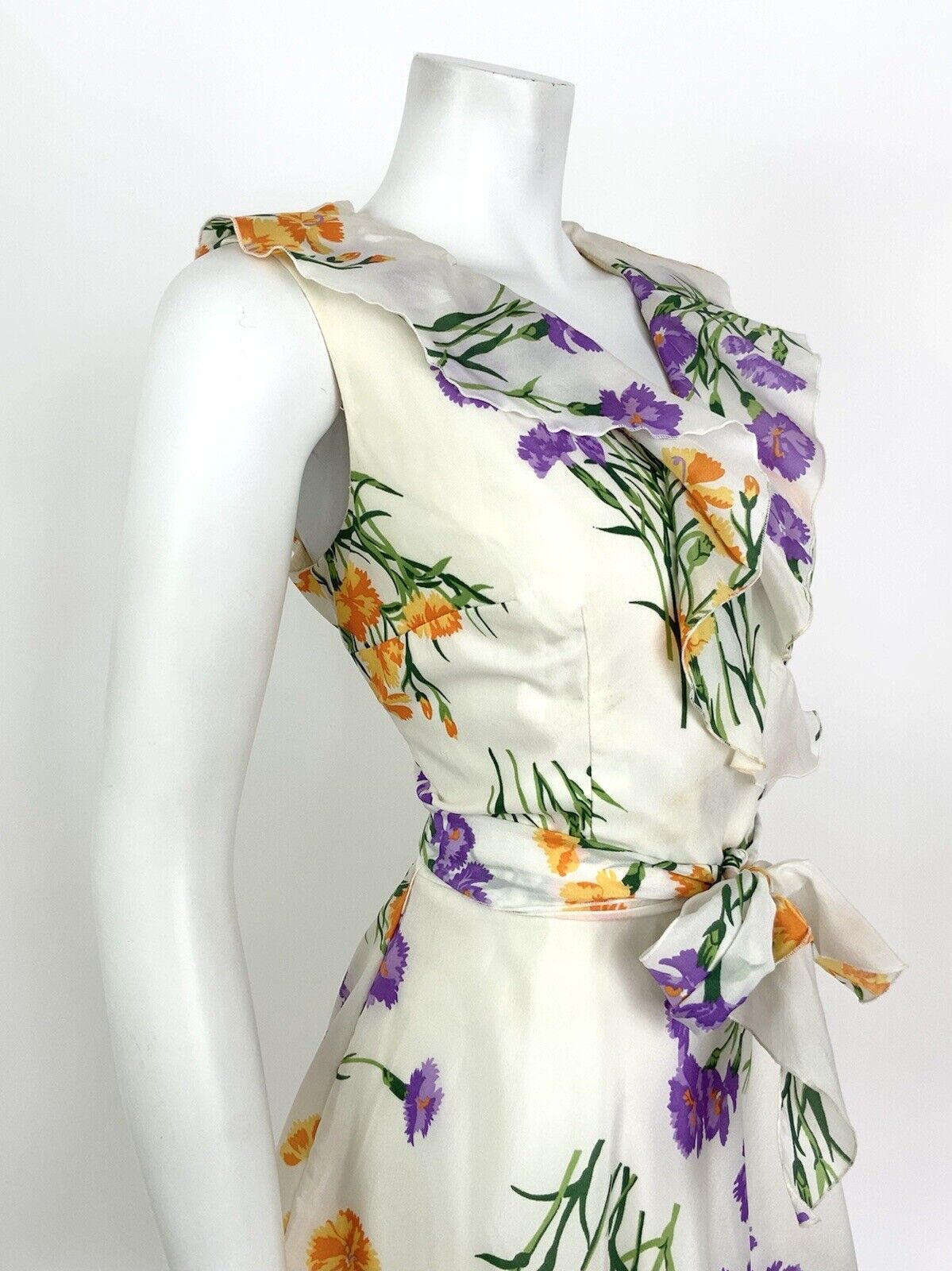 VINTAGE 60s 70s WHITE ORANGE PURPLE GREEN FLORAL FLOATY RUFFLE SHEER DRESS 10 12