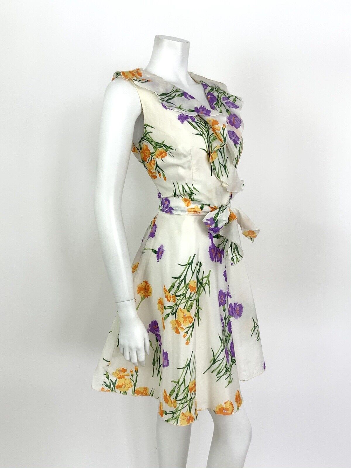 VINTAGE 60s 70s WHITE ORANGE PURPLE GREEN FLORAL FLOATY RUFFLE SHEER DRESS 10 12