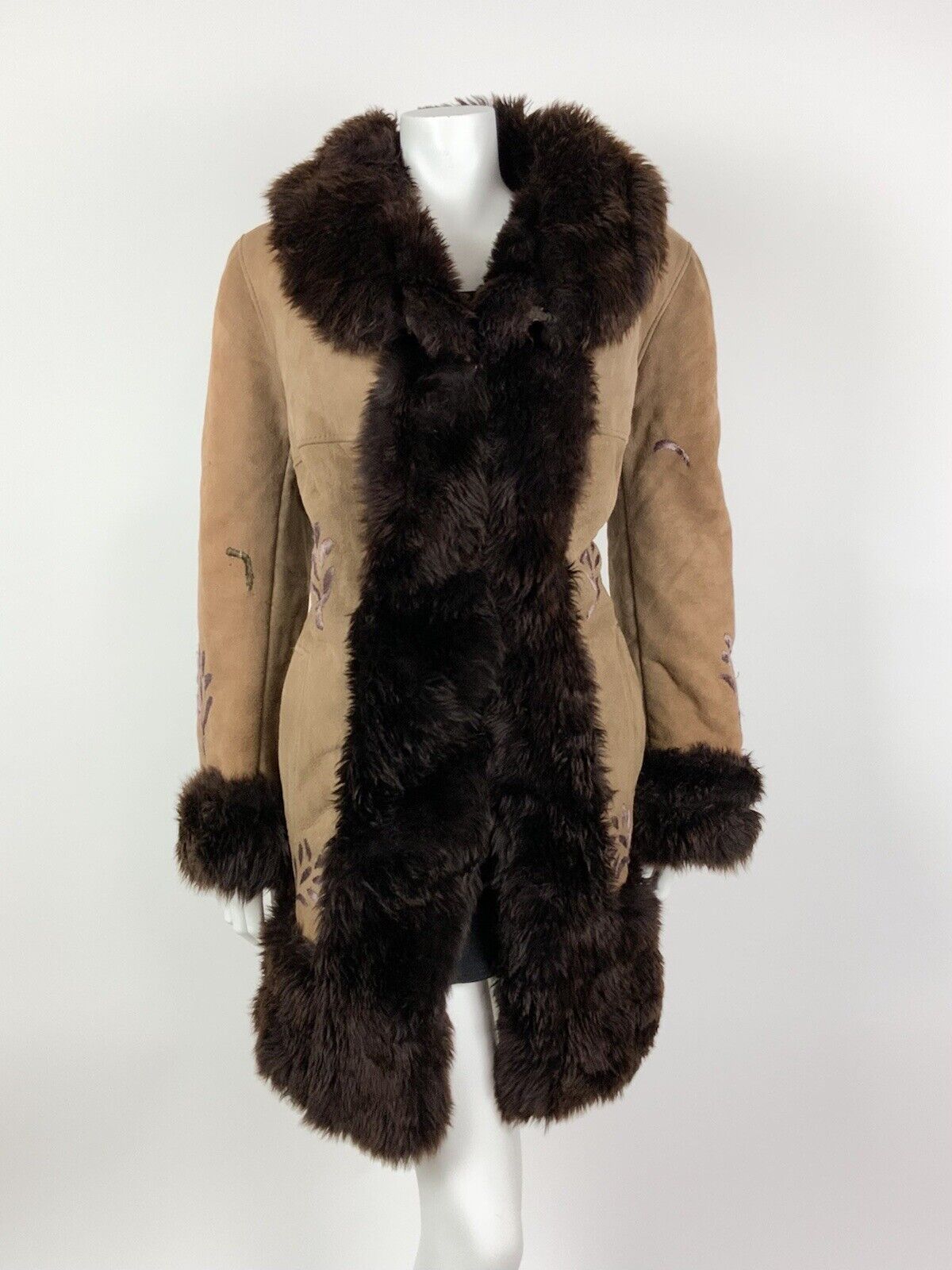 VTG 60s 70s CAMEL DARK BROWN EMBROIDERED FUR SUEDE BOHO PENNY LANE COAT 14 16