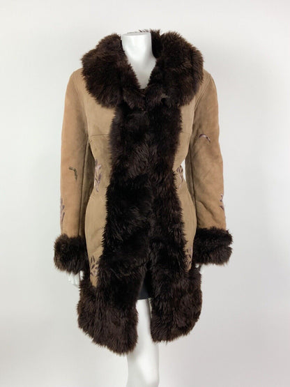 VTG 60s 70s CAMEL DARK BROWN EMBROIDERED FUR SUEDE BOHO PENNY LANE COAT 14 16