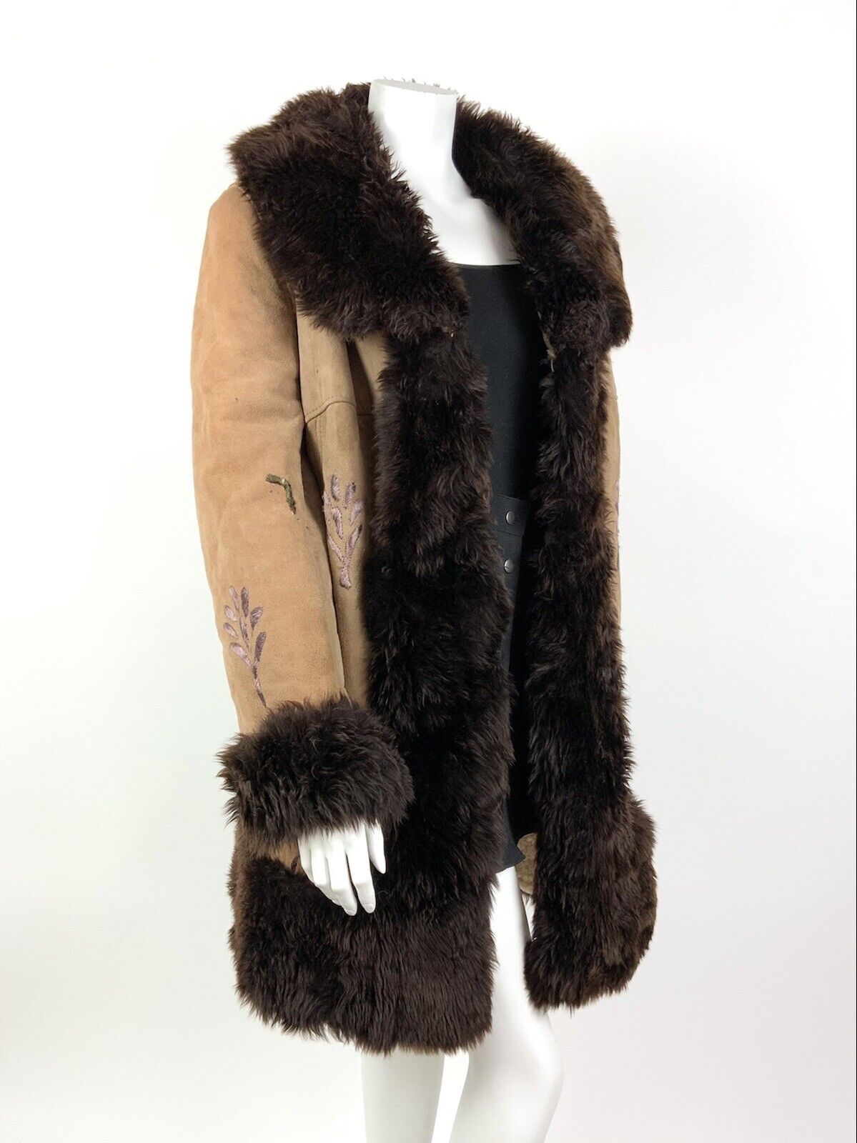 VTG 60s 70s CAMEL DARK BROWN EMBROIDERED FUR SUEDE BOHO PENNY LANE COAT 14 16