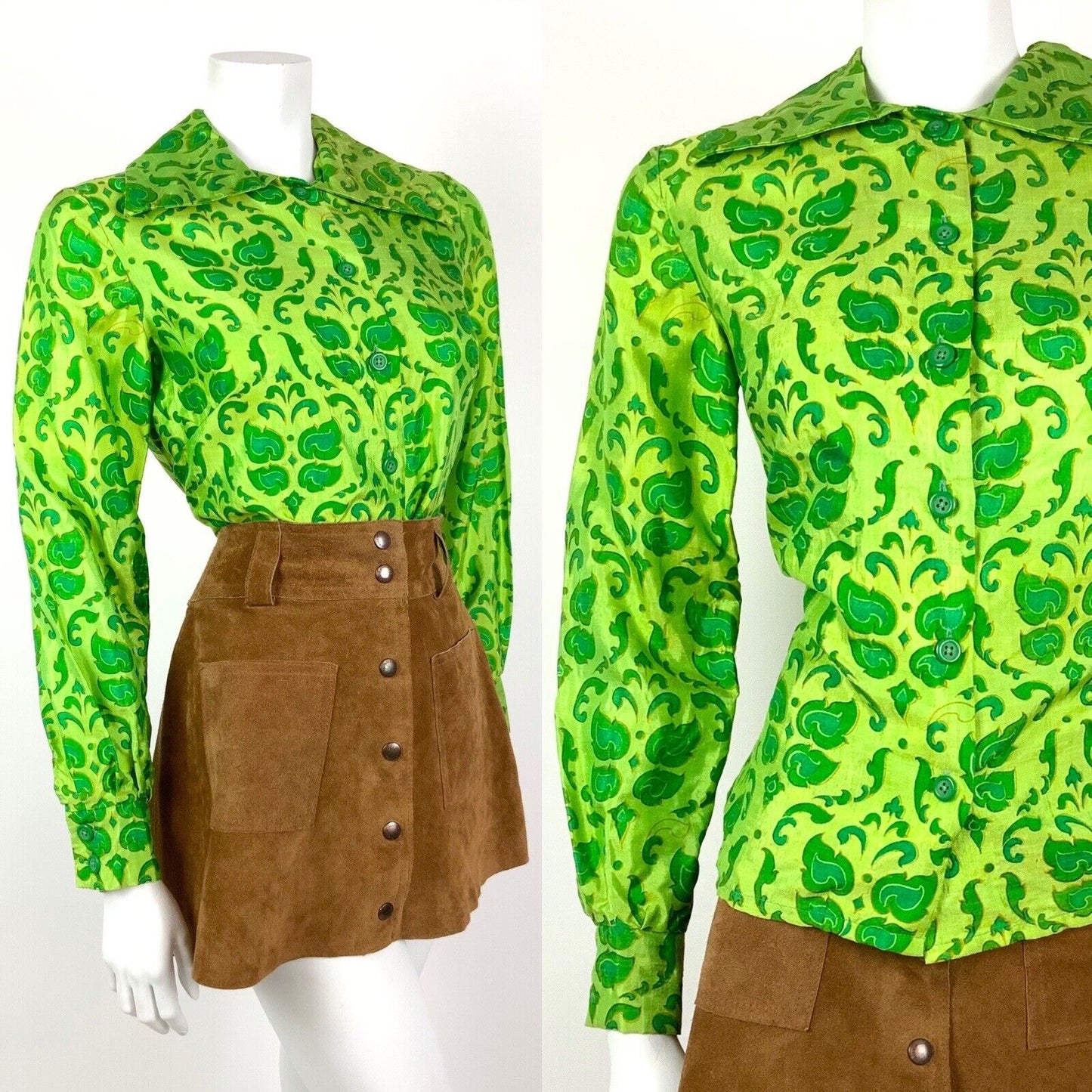 VINTAGE 60s 70s GREEN BROCADE FLORAL FOLK BOHO MOD DAGGER COLLAR SHIRT 8 10