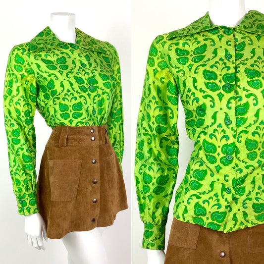 VINTAGE 60s 70s GREEN BROCADE FLORAL FOLK BOHO MOD DAGGER COLLAR SHIRT 8 10