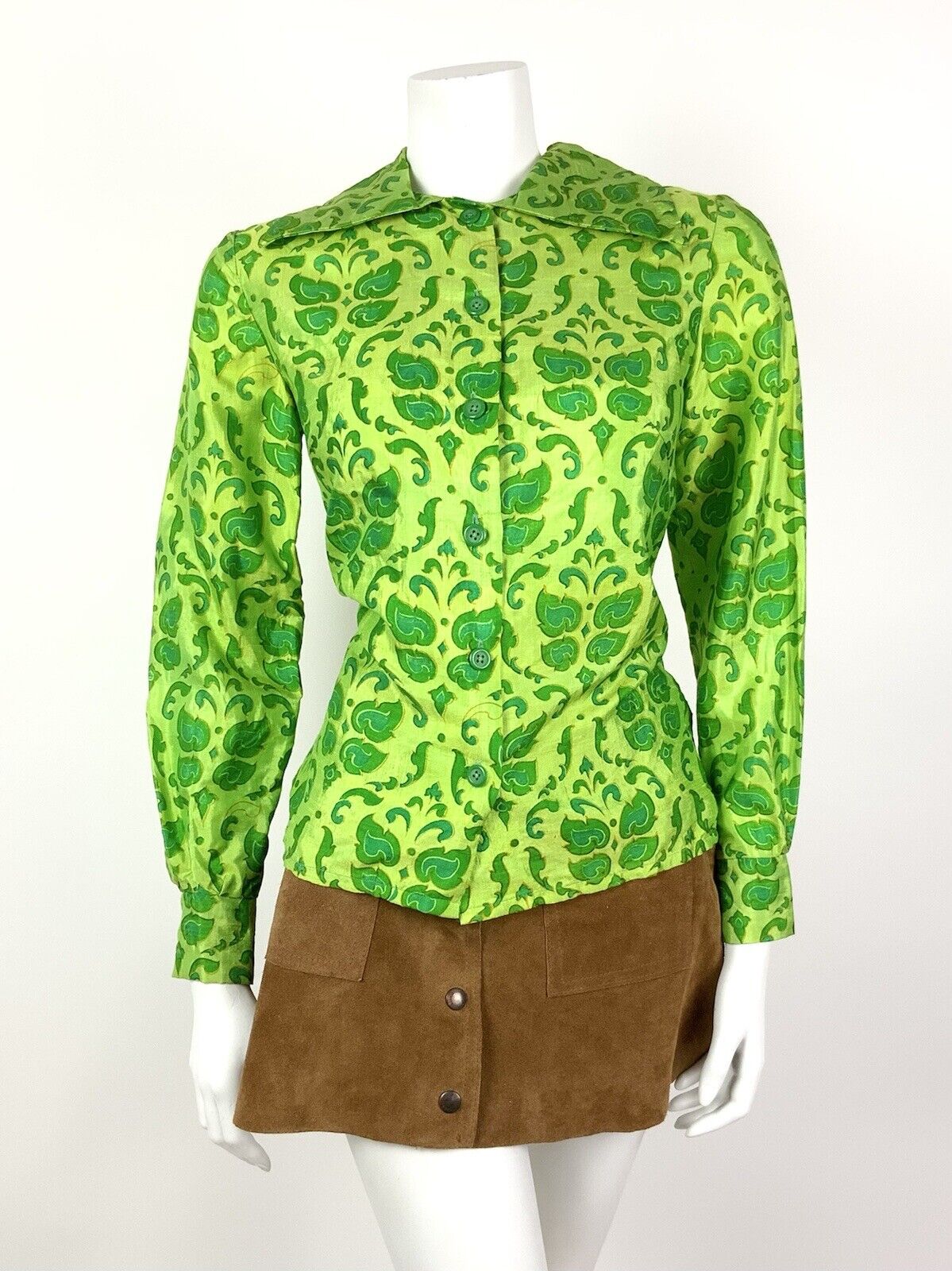 VINTAGE 60s 70s GREEN BROCADE FLORAL FOLK BOHO MOD DAGGER COLLAR SHIRT 8 10