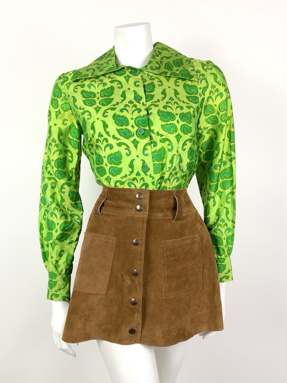 VINTAGE 60s 70s GREEN BROCADE FLORAL FOLK BOHO MOD DAGGER COLLAR SHIRT 8 10