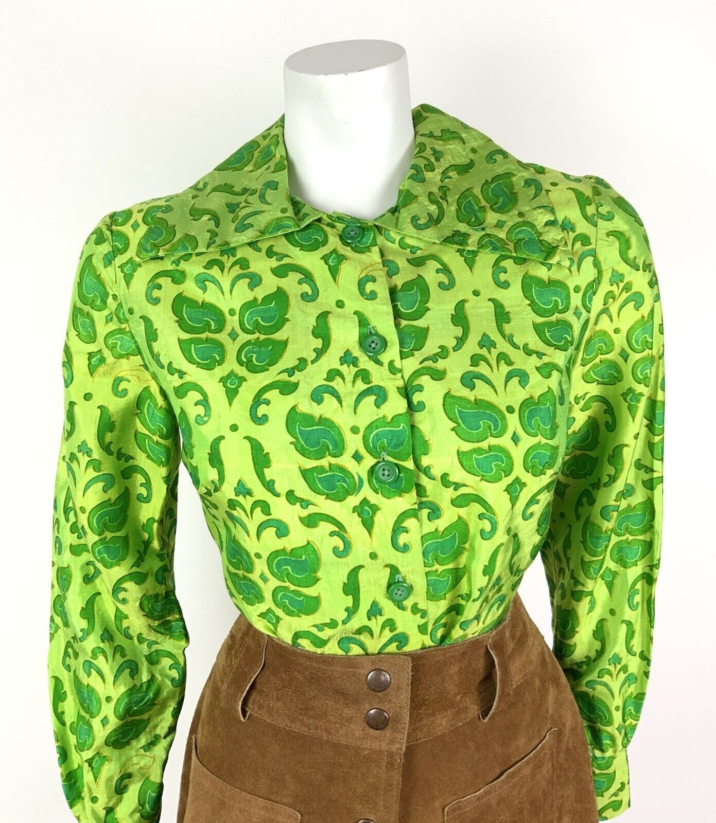 VINTAGE 60s 70s GREEN BROCADE FLORAL FOLK BOHO MOD DAGGER COLLAR SHIRT 8 10