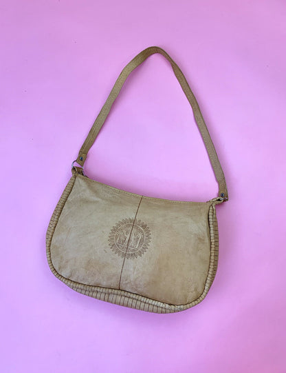 VINTAGE 60S 70S LIGHT BROWN TAN STAMPED LEATHER SHOULDER BAG BOHO
