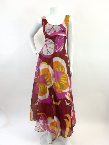VINTAGE 60s 70s RED PINK YELLOW FLORAL LEAFY MOD SHEER PSYCHEDELIC MAXI DRESS 10