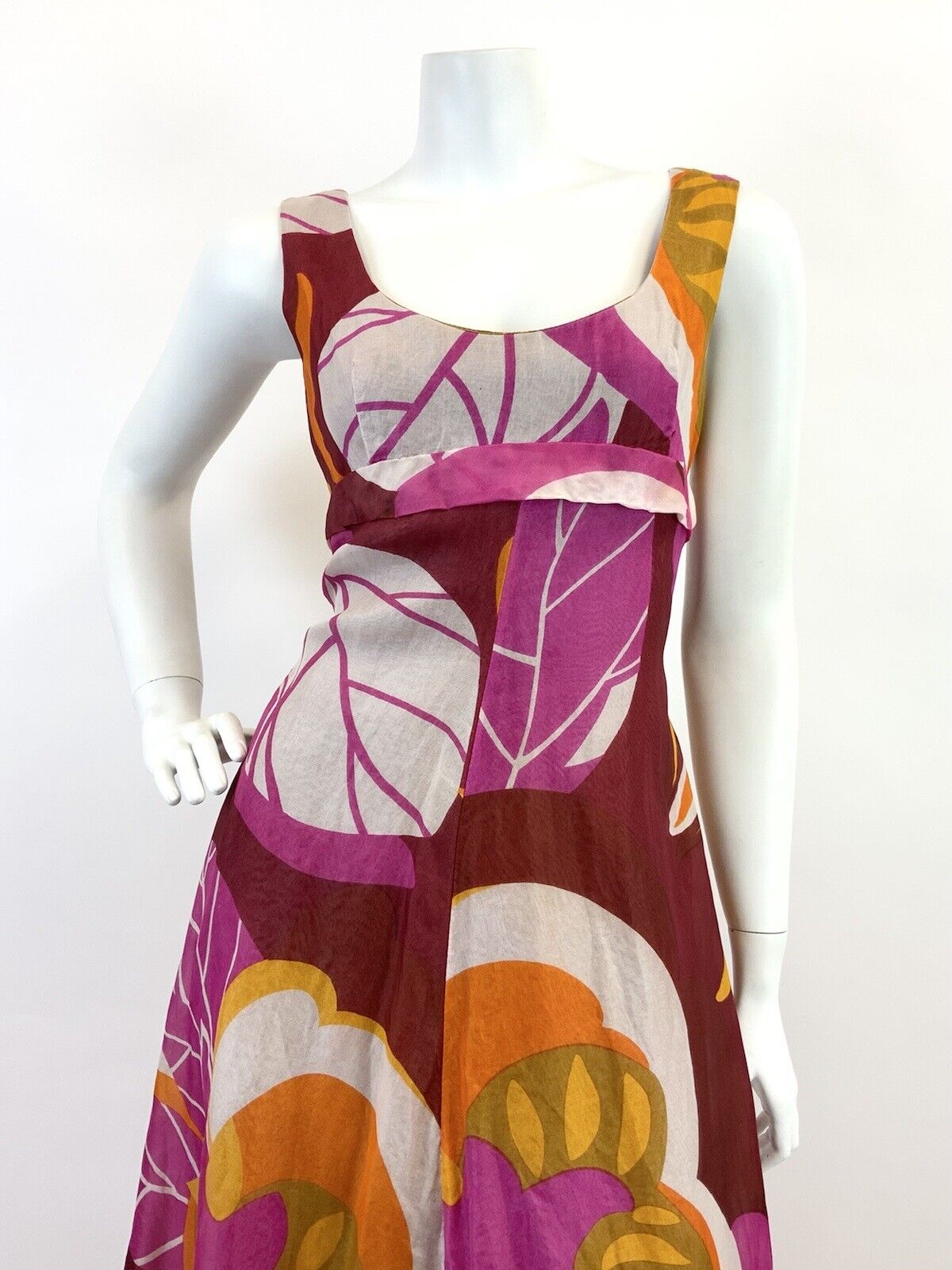 VINTAGE 60s 70s RED PINK YELLOW FLORAL LEAFY MOD SHEER PSYCHEDELIC MAXI DRESS 10