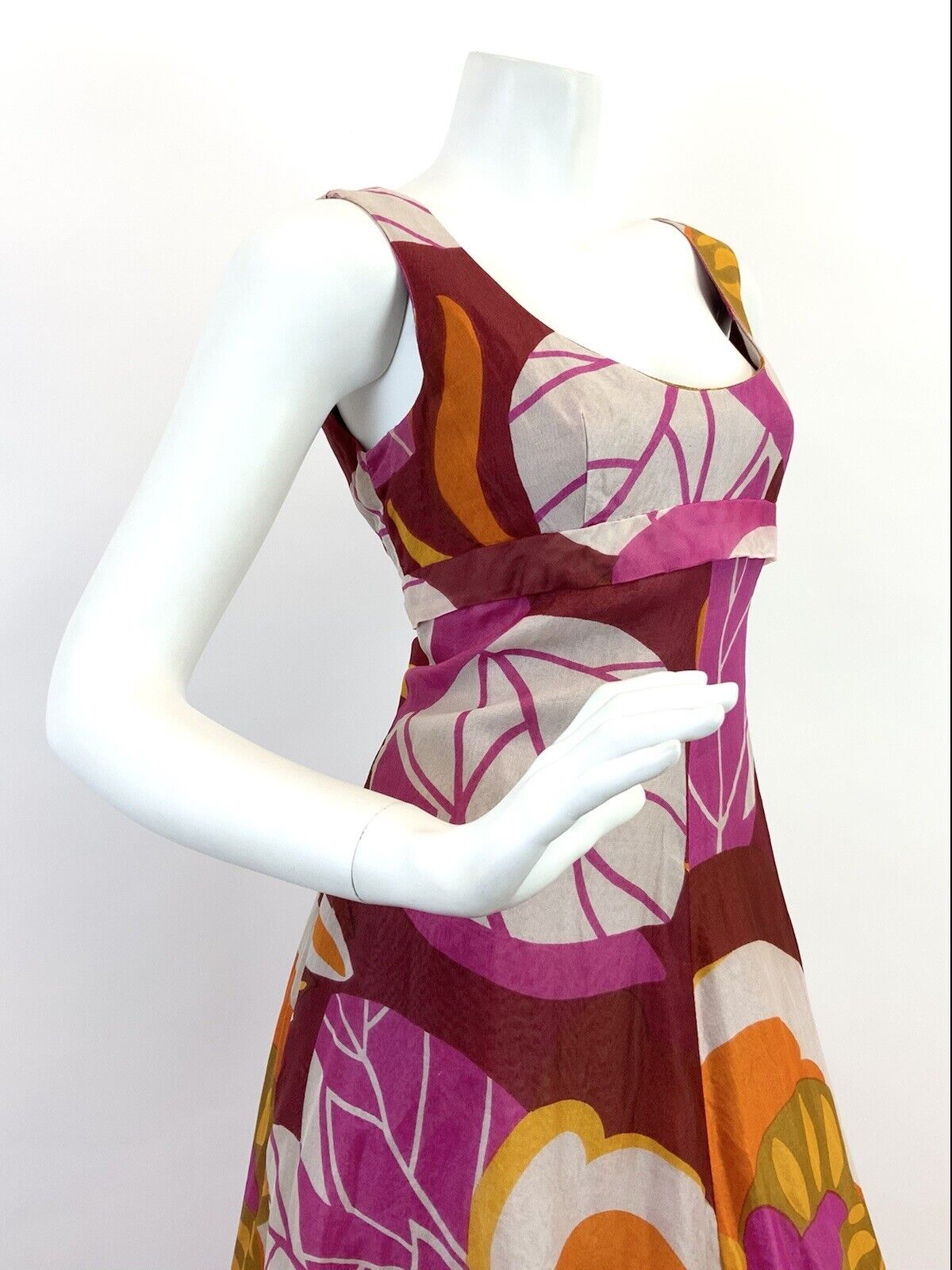 VINTAGE 60s 70s RED PINK YELLOW FLORAL LEAFY MOD SHEER PSYCHEDELIC MAXI DRESS 10