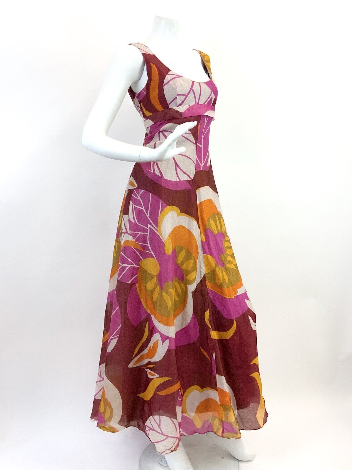 VINTAGE 60s 70s RED PINK YELLOW FLORAL LEAFY MOD SHEER PSYCHEDELIC MAXI DRESS 10