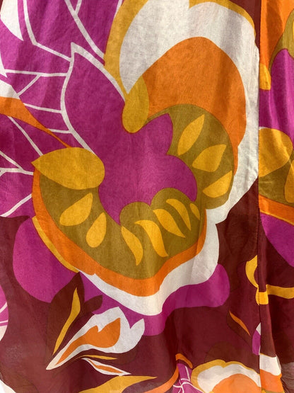 VINTAGE 60s 70s RED PINK YELLOW FLORAL LEAFY MOD SHEER PSYCHEDELIC MAXI DRESS 10