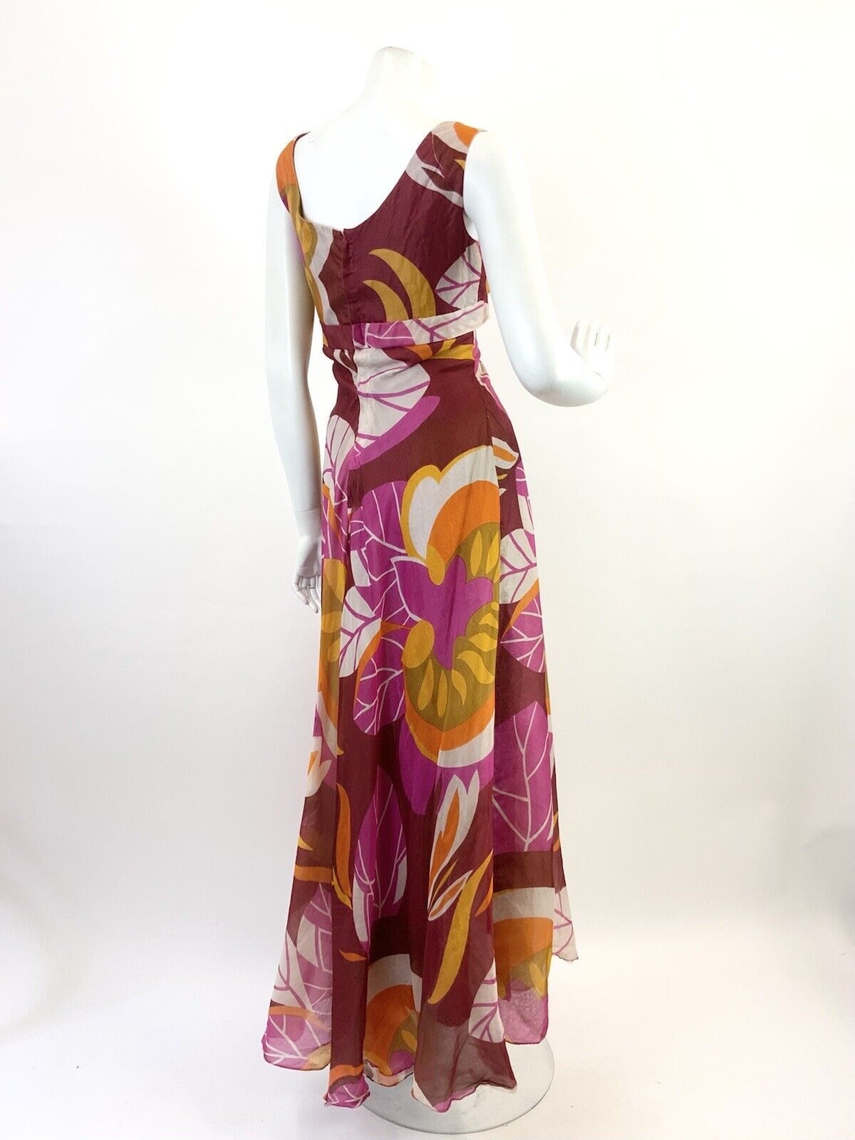 VINTAGE 60s 70s RED PINK YELLOW FLORAL LEAFY MOD SHEER PSYCHEDELIC MAXI DRESS 10
