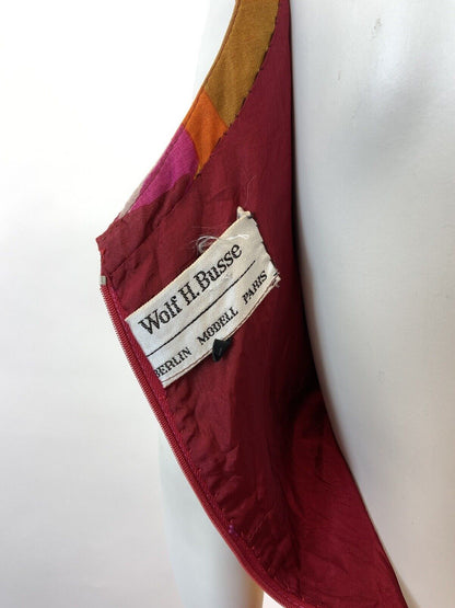 VINTAGE 60s 70s RED PINK YELLOW FLORAL LEAFY MOD SHEER PSYCHEDELIC MAXI DRESS 10