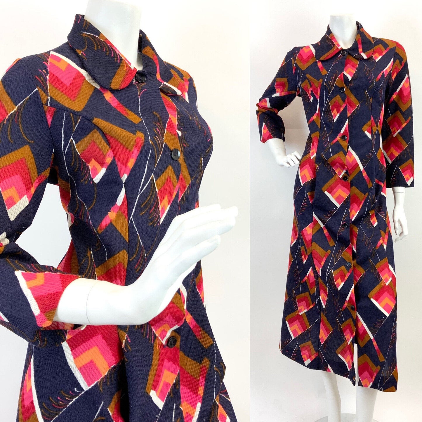 VTG 60s 70s BLUE RED PINK BROWN GEOMETRIC FEATHER SPOON SHIRT MAXI DRESS 12 14
