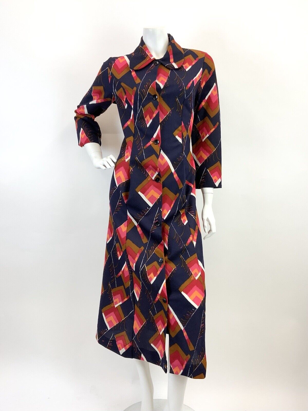 VTG 60s 70s BLUE RED PINK BROWN GEOMETRIC FEATHER SPOON SHIRT MAXI DRESS 12 14