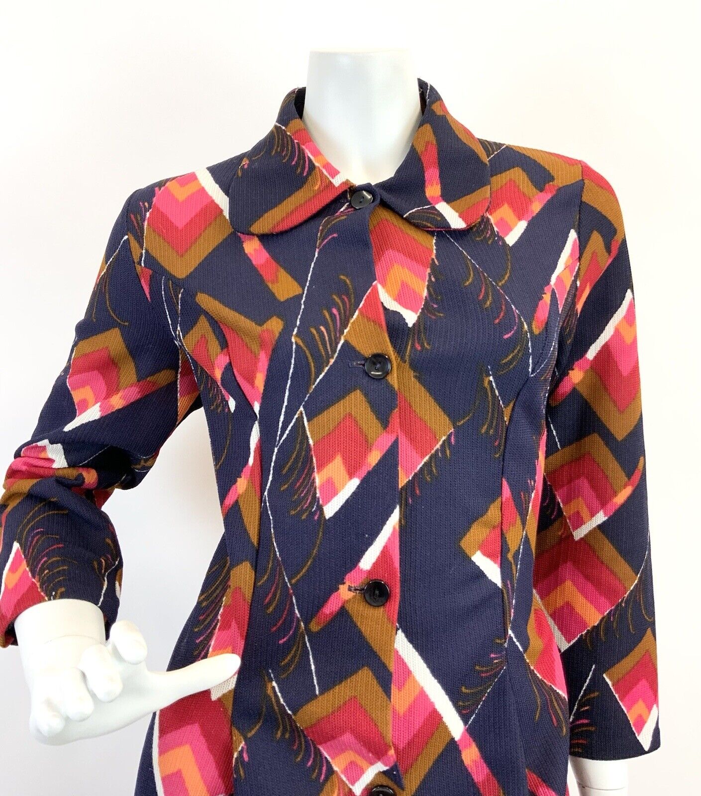VTG 60s 70s BLUE RED PINK BROWN GEOMETRIC FEATHER SPOON SHIRT MAXI DRESS 12 14