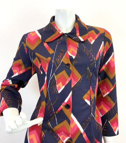 VTG 60s 70s BLUE RED PINK BROWN GEOMETRIC FEATHER SPOON SHIRT MAXI DRESS 12 14