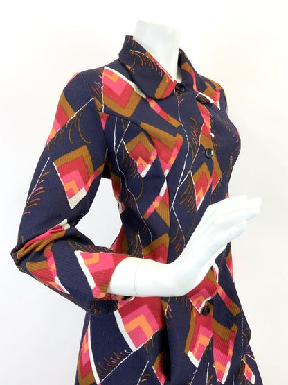 VTG 60s 70s BLUE RED PINK BROWN GEOMETRIC FEATHER SPOON SHIRT MAXI DRESS 12 14