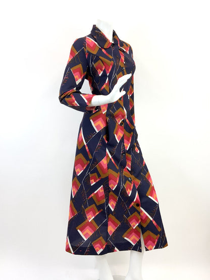 VTG 60s 70s BLUE RED PINK BROWN GEOMETRIC FEATHER SPOON SHIRT MAXI DRESS 12 14