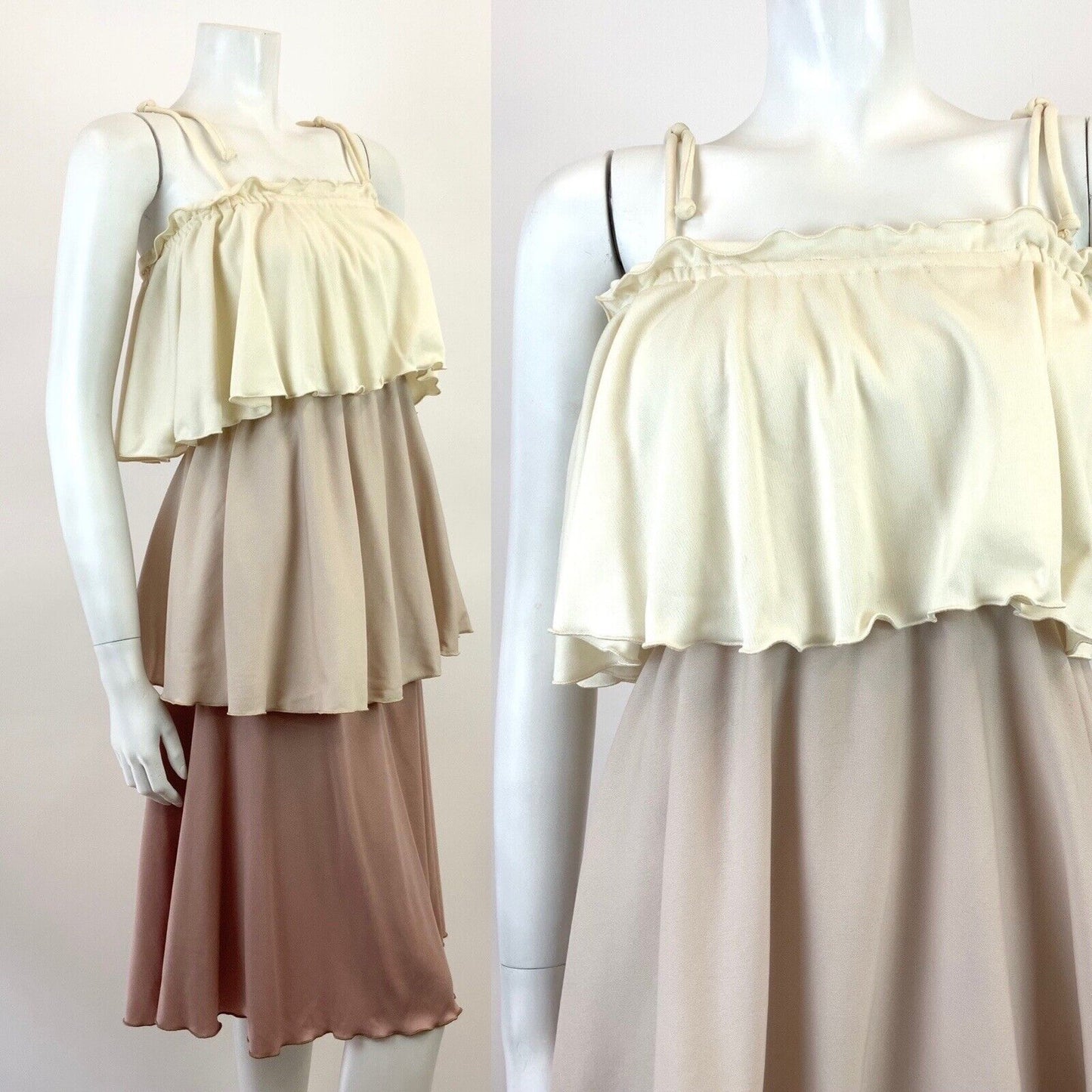 VTG 60s 70s CREAM BEIGE BROWN TIERED FLAPPER STUDIO 54 STRAPPY SUN-DRESS 8 10