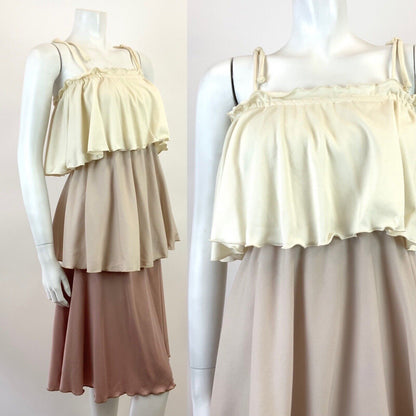 VTG 60s 70s CREAM BEIGE BROWN TIERED FLAPPER STUDIO 54 STRAPPY SUN-DRESS 8 10
