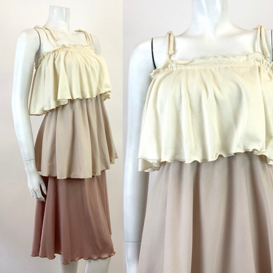 VTG 60s 70s CREAM BEIGE BROWN TIERED FLAPPER STUDIO 54 STRAPPY SUN-DRESS 8 10