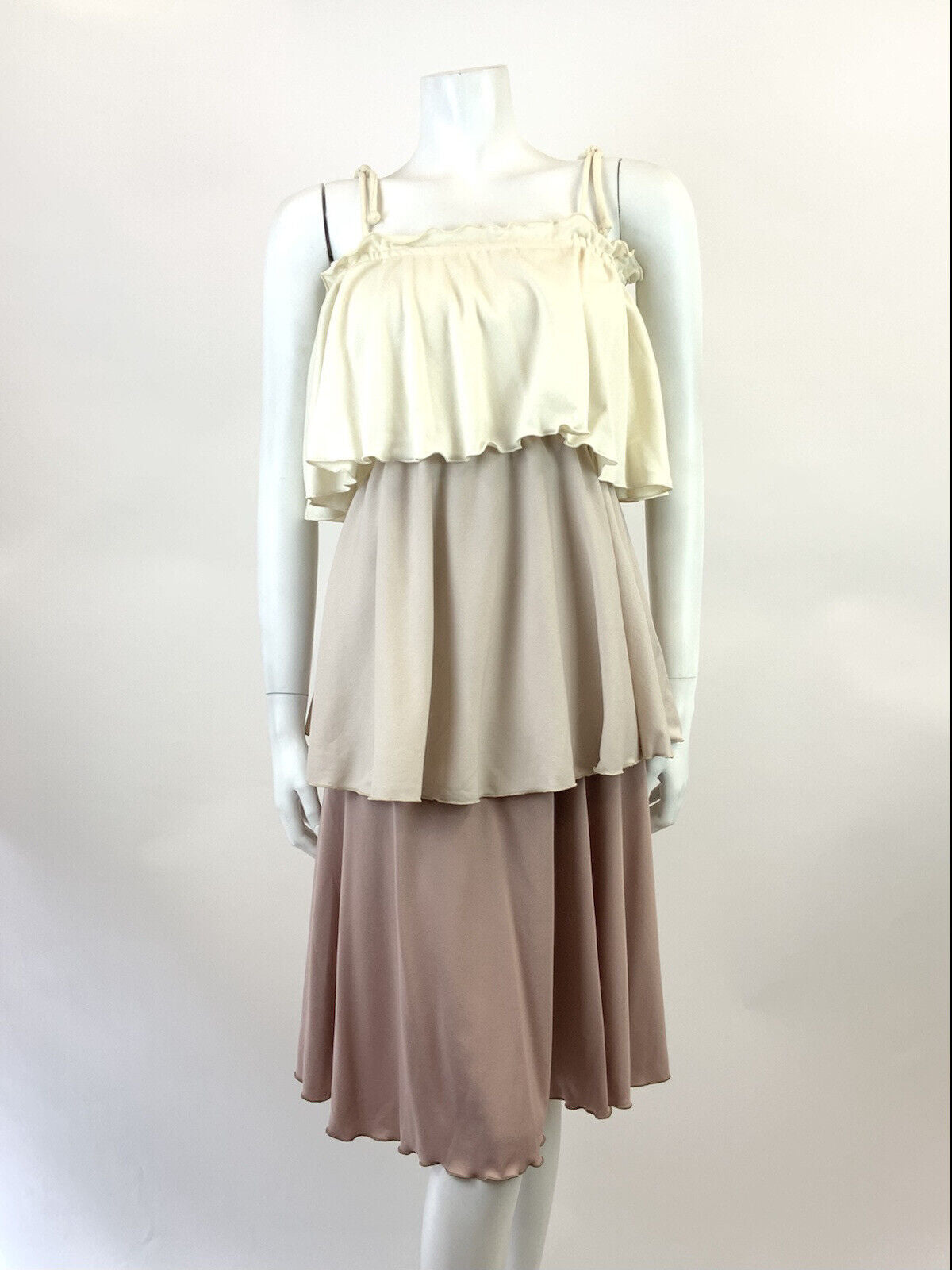 VTG 60s 70s CREAM BEIGE BROWN TIERED FLAPPER STUDIO 54 STRAPPY SUN-DRESS 8 10