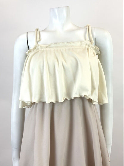VTG 60s 70s CREAM BEIGE BROWN TIERED FLAPPER STUDIO 54 STRAPPY SUN-DRESS 8 10