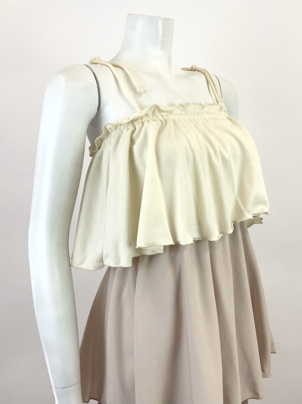 VTG 60s 70s CREAM BEIGE BROWN TIERED FLAPPER STUDIO 54 STRAPPY SUN-DRESS 8 10