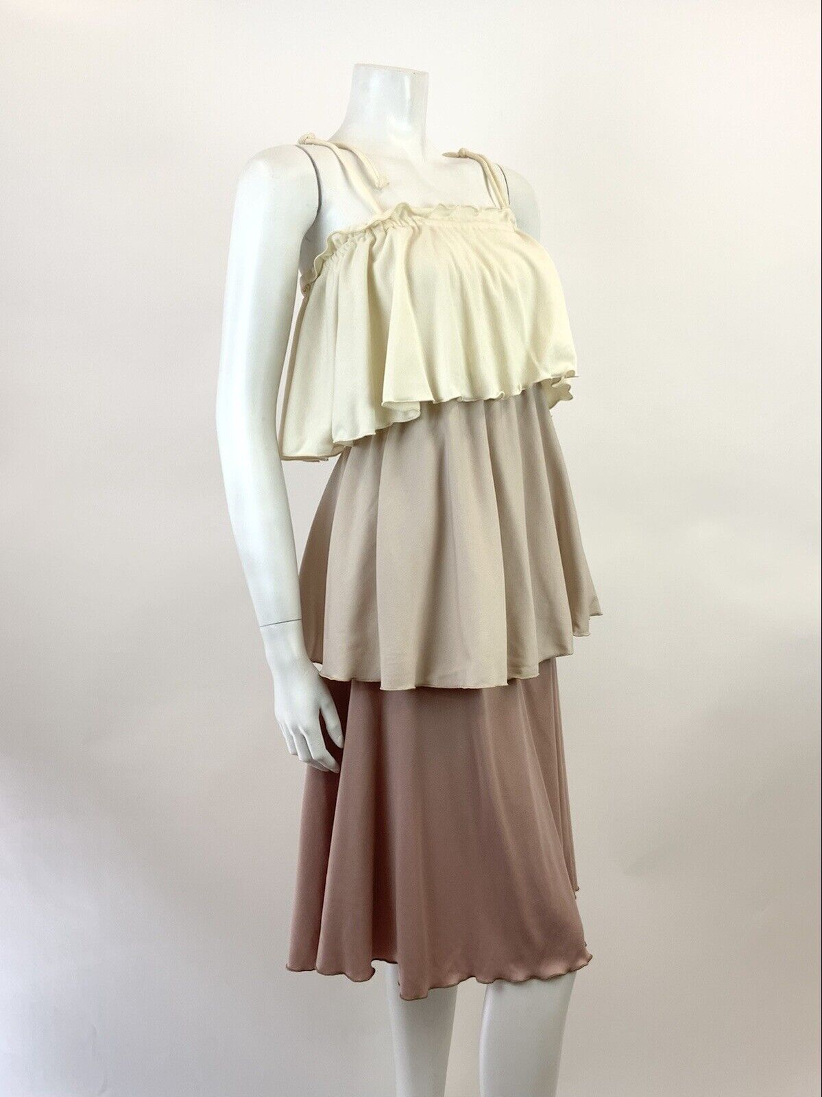 VTG 60s 70s CREAM BEIGE BROWN TIERED FLAPPER STUDIO 54 STRAPPY SUN-DRESS 8 10