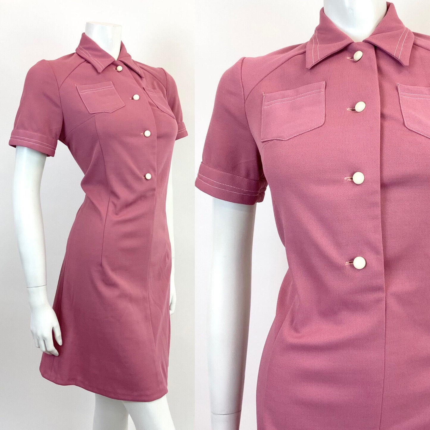 VINTAGE 60s 70s ROSE PINK WHITE MOD SCOOTER DAGGER SHIRT DRESS 12 14