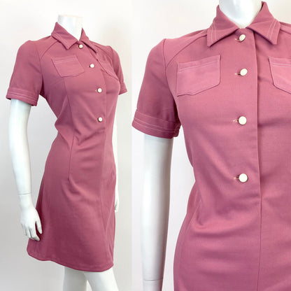 VINTAGE 60s 70s ROSE PINK WHITE MOD SCOOTER DAGGER SHIRT DRESS 12 14