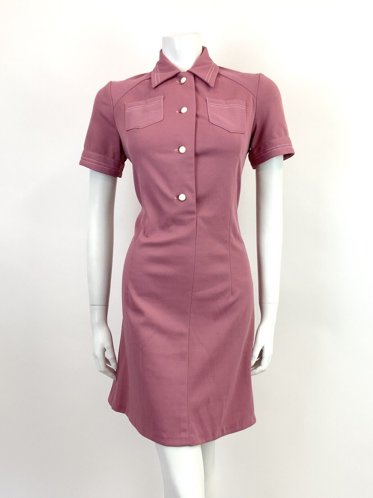 VINTAGE 60s 70s ROSE PINK WHITE MOD SCOOTER DAGGER SHIRT DRESS 12 14