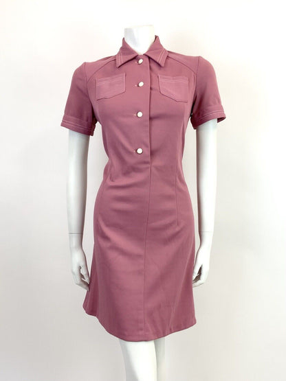 VINTAGE 60s 70s ROSE PINK WHITE MOD SCOOTER DAGGER SHIRT DRESS 12 14