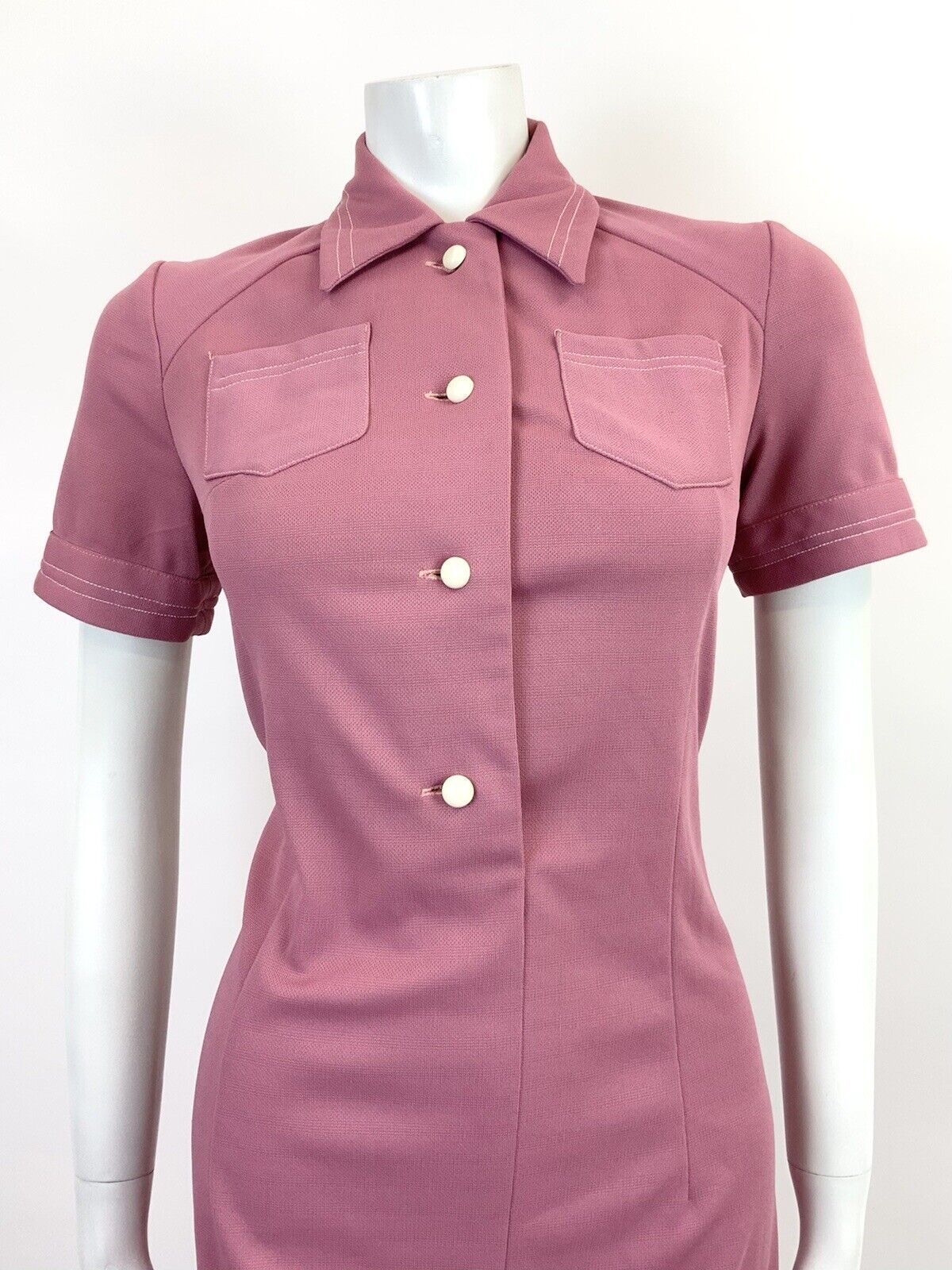VINTAGE 60s 70s ROSE PINK WHITE MOD SCOOTER DAGGER SHIRT DRESS 12 14