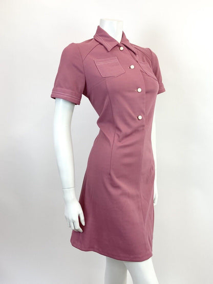 VINTAGE 60s 70s ROSE PINK WHITE MOD SCOOTER DAGGER SHIRT DRESS 12 14