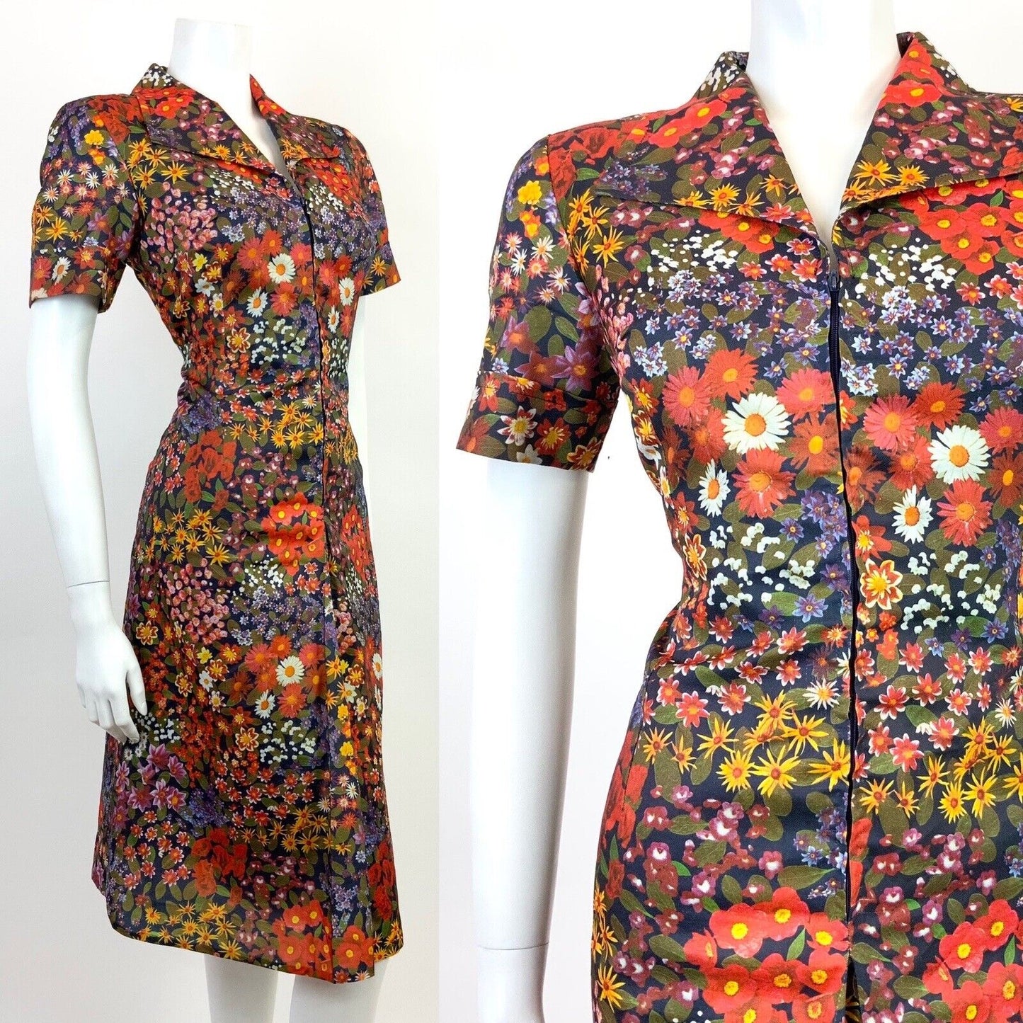 VTG 60s 70s BLUE RED YELLOW PSYCHEDELIC FLORAL DAISY WING COLLAR SHIRT DRESS 12