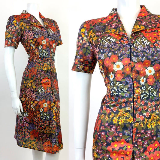 VTG 60s 70s BLUE RED YELLOW PSYCHEDELIC FLORAL DAISY WING COLLAR SHIRT DRESS 12