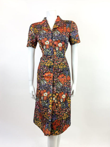 VTG 60s 70s BLUE RED YELLOW PSYCHEDELIC FLORAL DAISY WING COLLAR SHIRT DRESS 12