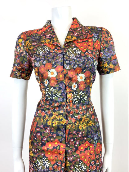 VTG 60s 70s BLUE RED YELLOW PSYCHEDELIC FLORAL DAISY WING COLLAR SHIRT DRESS 12