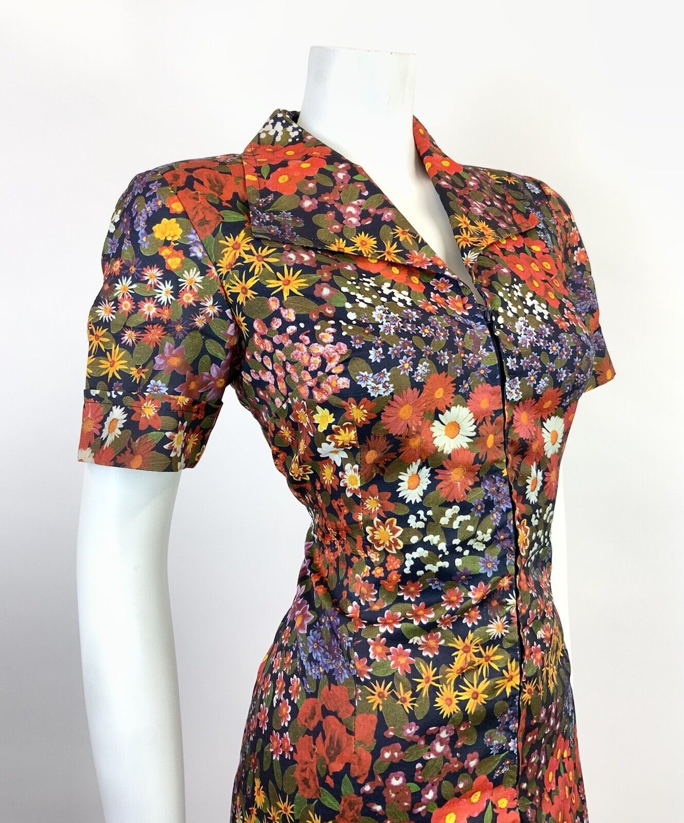 VTG 60s 70s BLUE RED YELLOW PSYCHEDELIC FLORAL DAISY WING COLLAR SHIRT DRESS 12