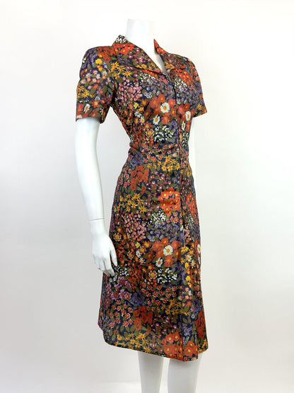 VTG 60s 70s BLUE RED YELLOW PSYCHEDELIC FLORAL DAISY WING COLLAR SHIRT DRESS 12