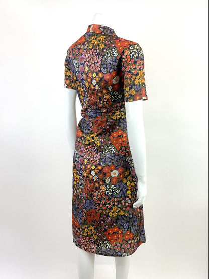 VTG 60s 70s BLUE RED YELLOW PSYCHEDELIC FLORAL DAISY WING COLLAR SHIRT DRESS 12