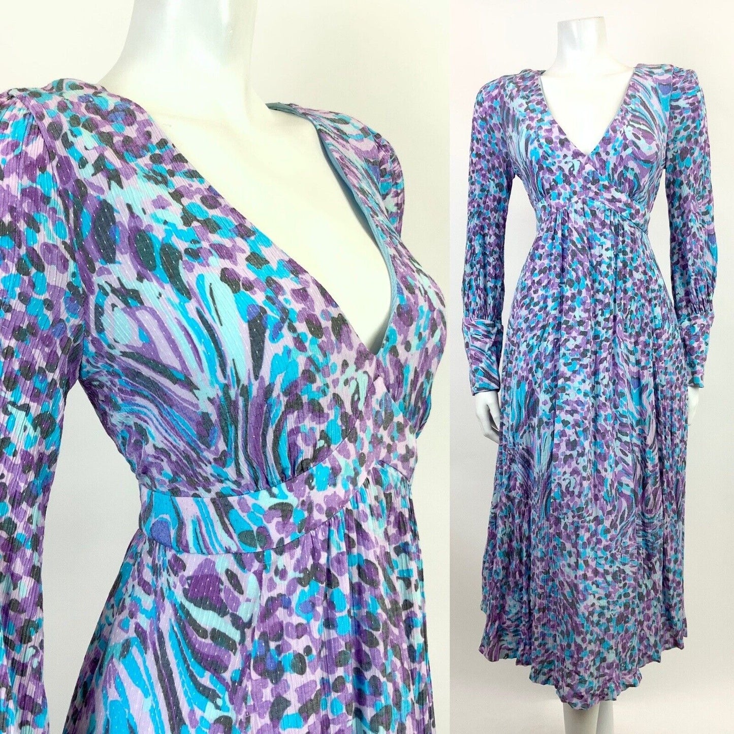 VINTAGE 60s 70s PURPLE BLUE BLACK DOTTY ANIMAL PRINT PSYCHEDELIC SWING DRESS 12