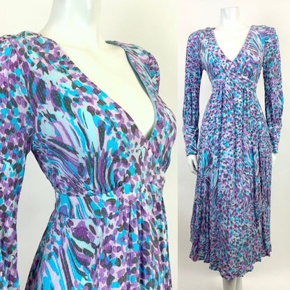 VINTAGE 60s 70s PURPLE BLUE BLACK DOTTY ANIMAL PRINT PSYCHEDELIC SWING DRESS 12