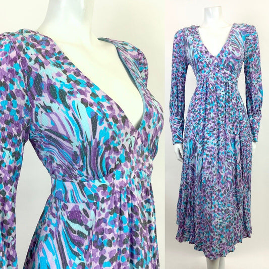 VINTAGE 60s 70s PURPLE BLUE BLACK DOTTY ANIMAL PRINT PSYCHEDELIC SWING DRESS 12