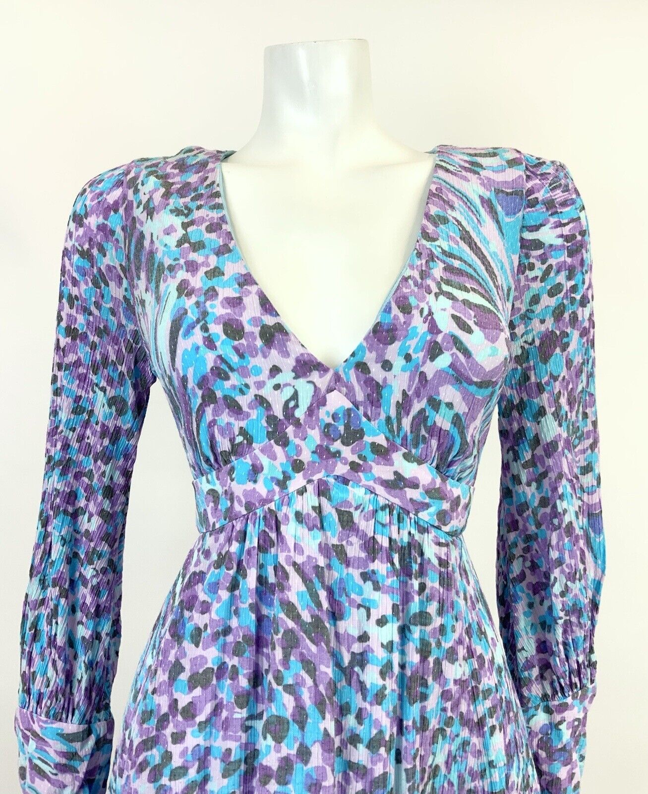 VINTAGE 60s 70s PURPLE BLUE BLACK DOTTY ANIMAL PRINT PSYCHEDELIC SWING DRESS 12