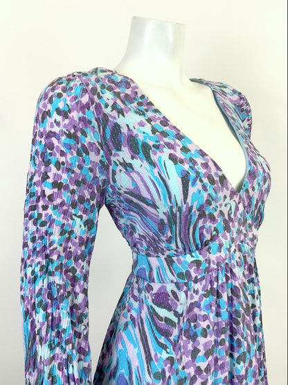 VINTAGE 60s 70s PURPLE BLUE BLACK DOTTY ANIMAL PRINT PSYCHEDELIC SWING DRESS 12