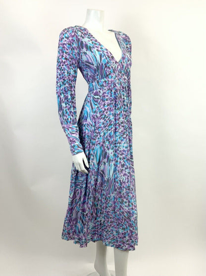 VINTAGE 60s 70s PURPLE BLUE BLACK DOTTY ANIMAL PRINT PSYCHEDELIC SWING DRESS 12